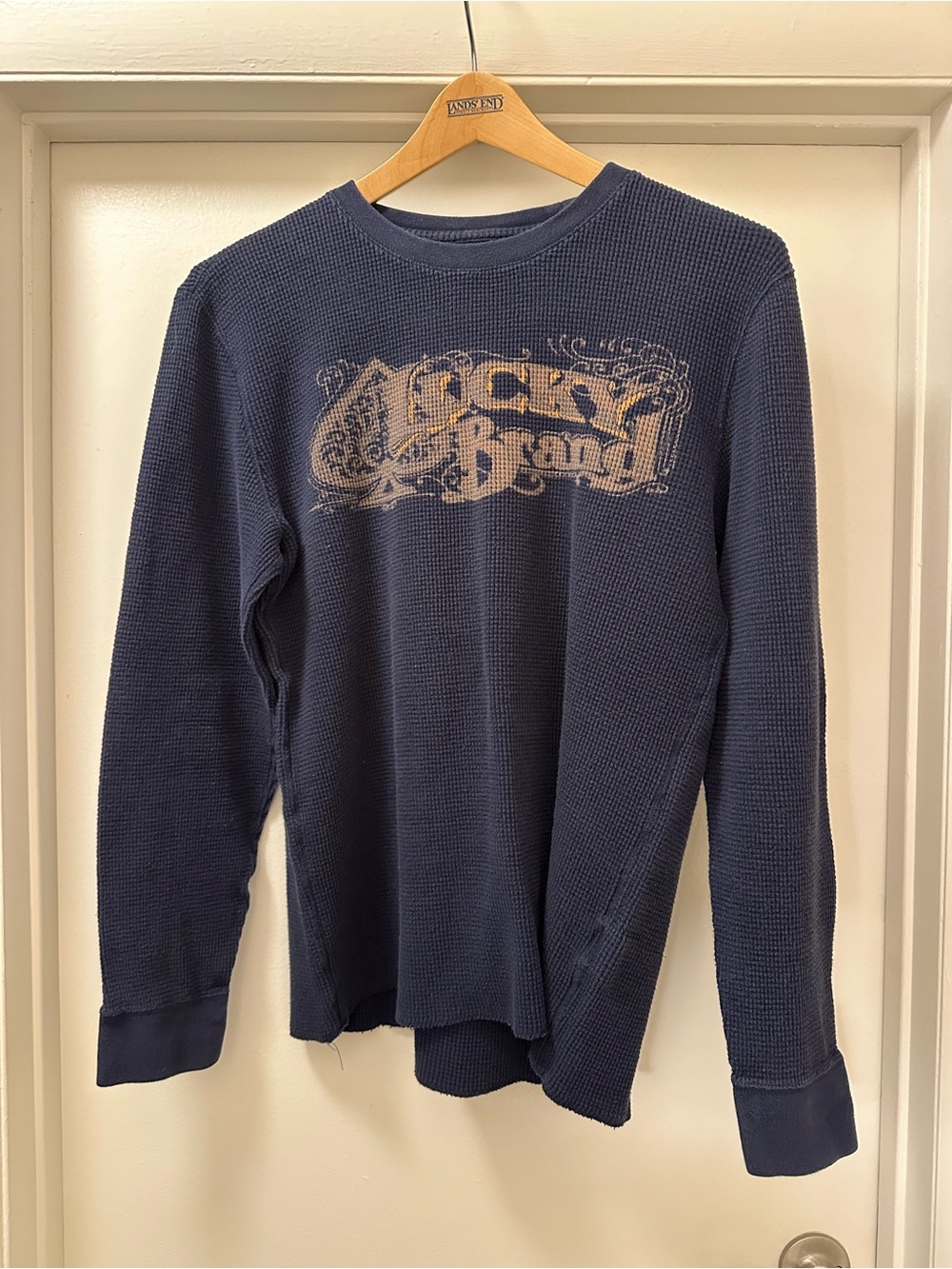 Lucky Brand Navy Waffle Knit Long Sleeve Top with Tan Label